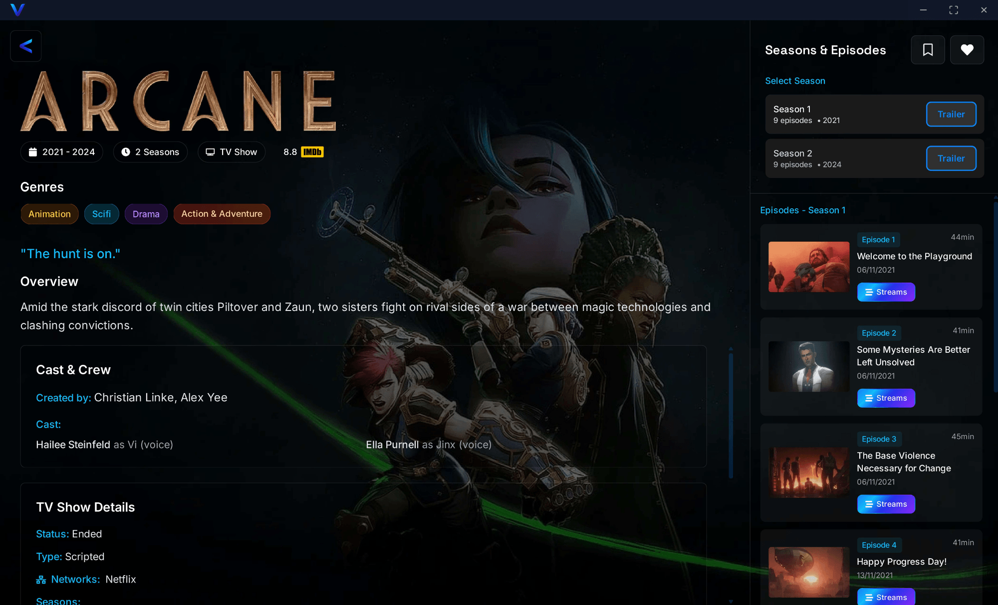 Vaicen content details page with cast and info