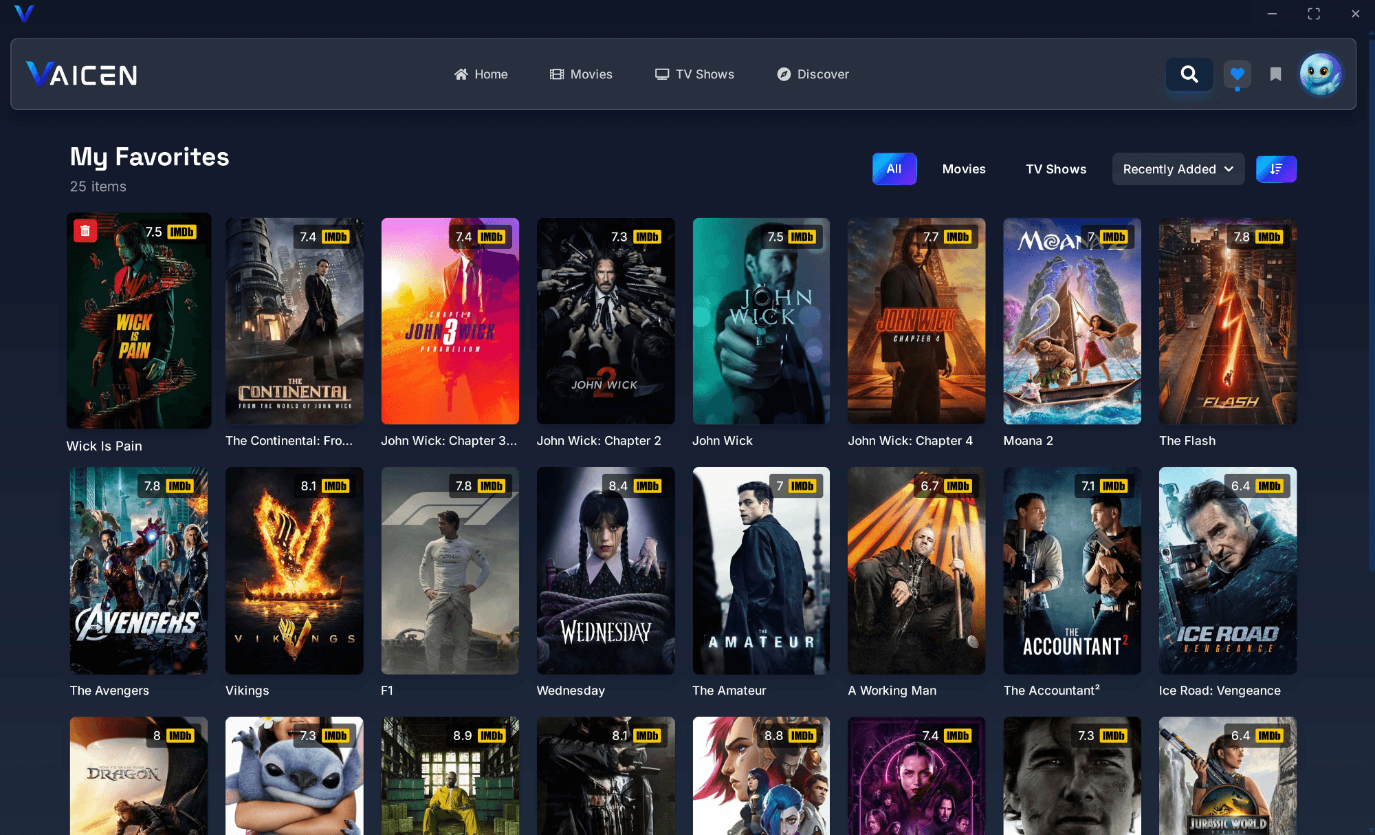 Vaicen favorites page with saved movies and shows
