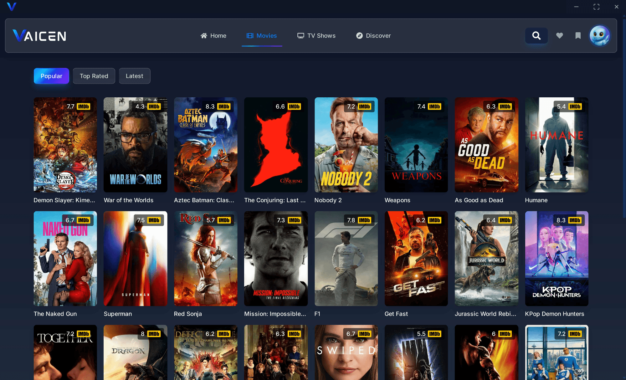 Vaicen page with filters and grid view