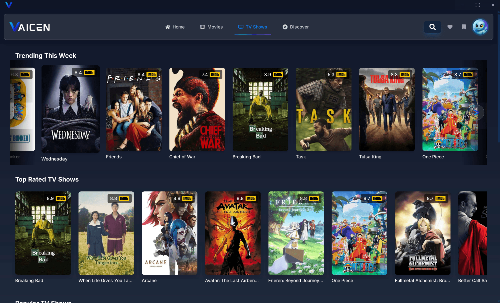 Vaicen TV shows page with series grid